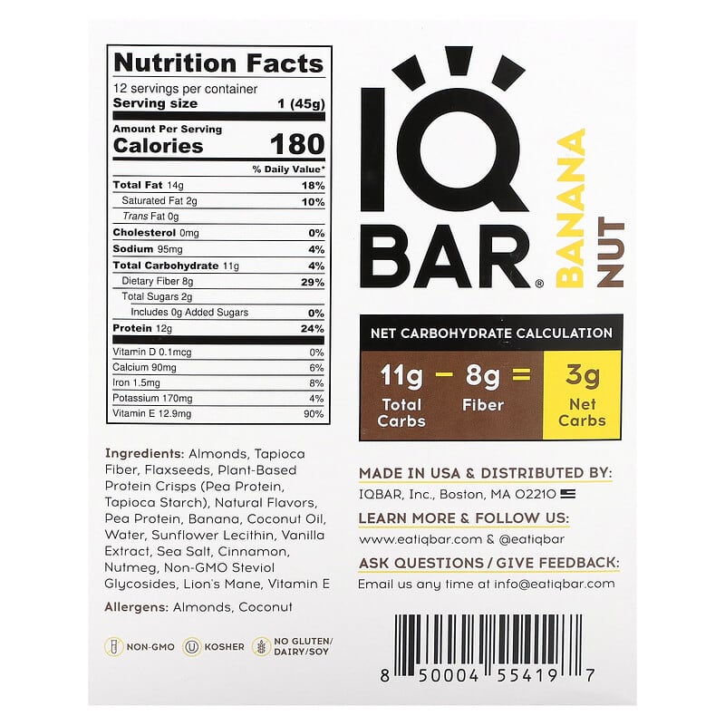 IQBAR, Plant Protein Bar, Banana Nut, 12 Bars, 1.6 oz (45 g) Each