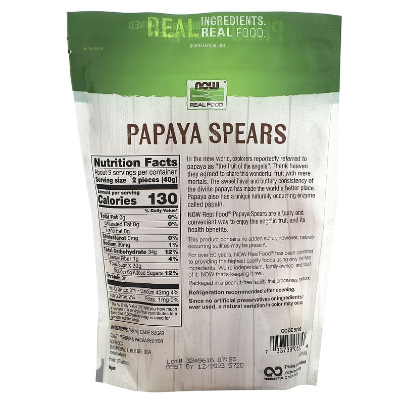 NOW Foods, Real Food, Papaya Spears, 12 oz (340 g)