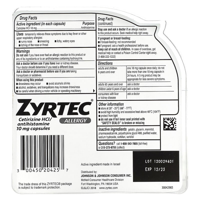 Zyrtec, Allergy, Cetirizine HCl, 10 mg, 25 Liquid Gels