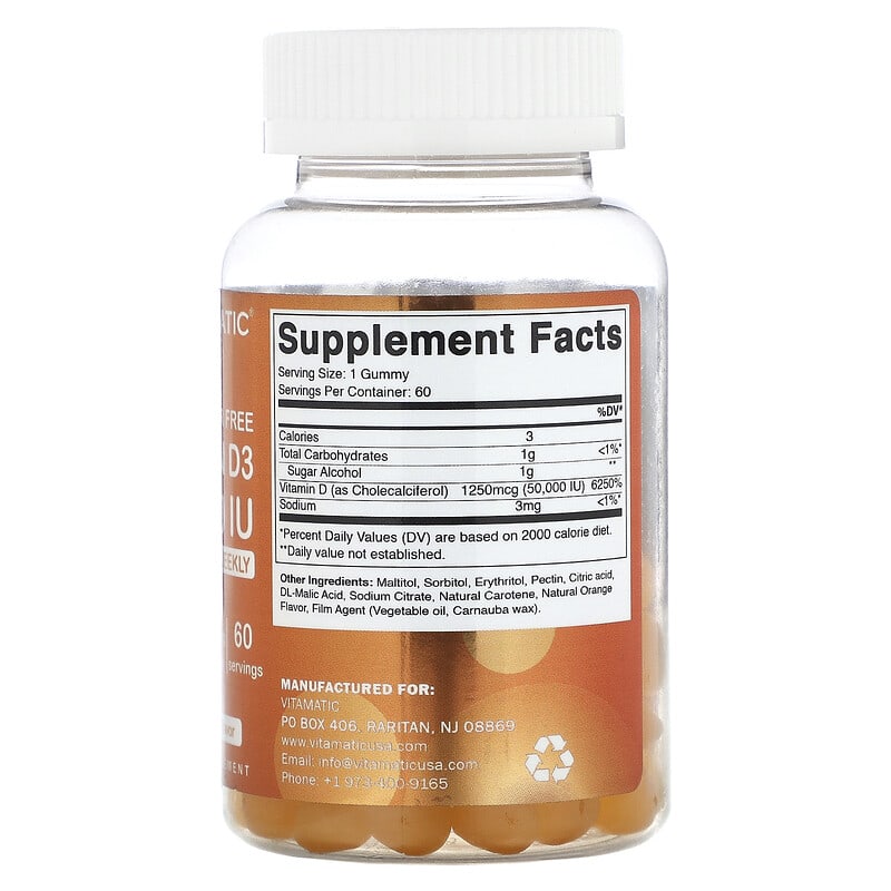 Vitamatic, Sugar Free Vitamin D3, Natural Orange, 1,250 mcg (50,000 IU), 60 Gummies