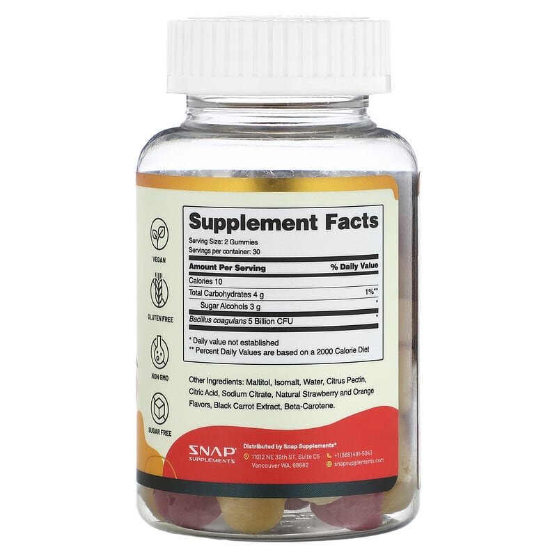 Snap Supplements, Probiotic Gummies, Sugar Free, Strawberry + Orange, 5 Billion CFU, 60 Gummies