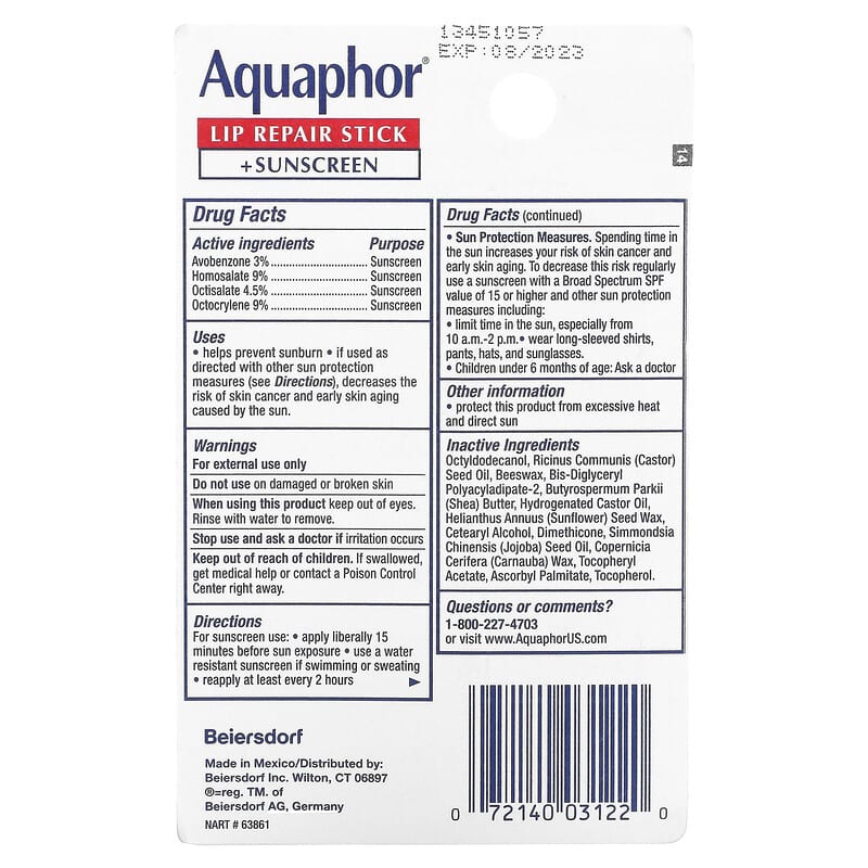 Aquaphor, Lip Repair Stick + Sunscreen, SPF 30, Fragrance Free, 0.17 oz (4.8 g)