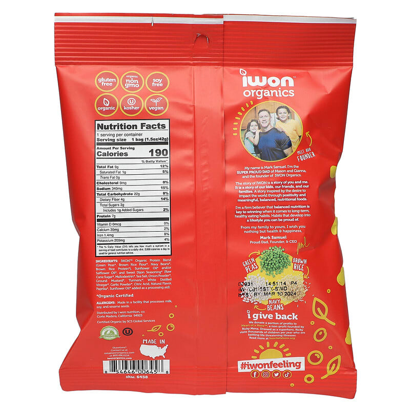 IWON Organics, Organics Protein Stix, Sweet Dijon, 8 Bags, 1.5 oz, (42 g) Each
