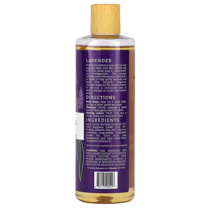 Dr. Jacobs Naturals, Plant-Based Rich Castile Body Wash, Lavender Essential Oil, 16 oz (473 ml)