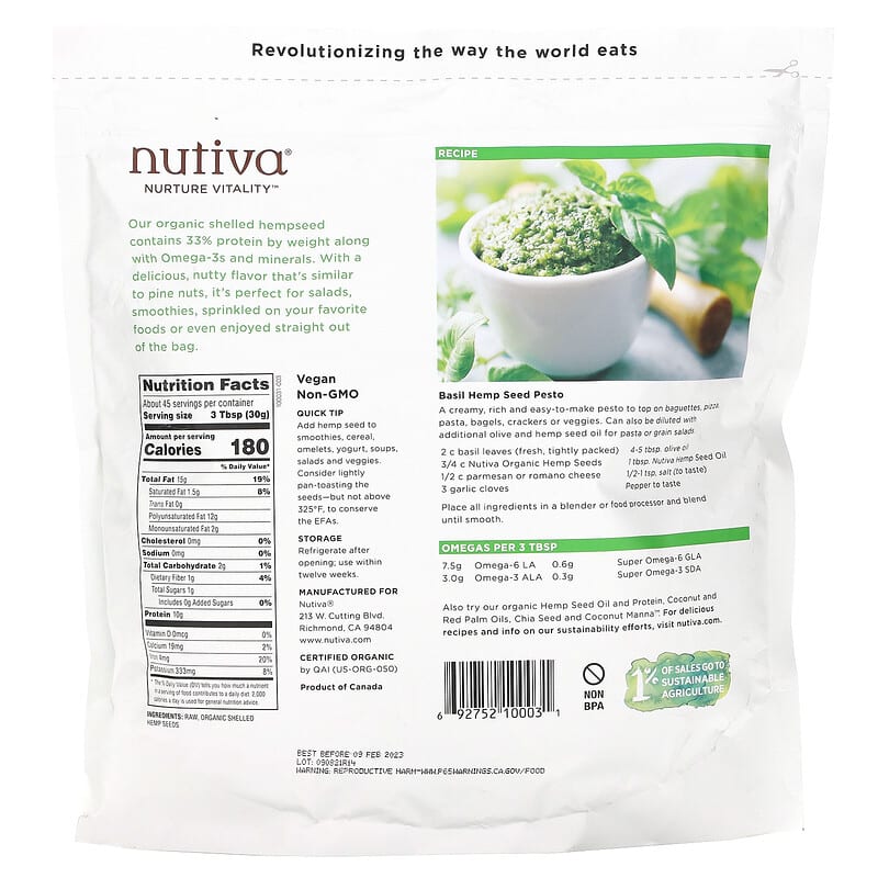 Nutiva, Organic Superfood, Raw Shelled Hempseed, 3 lbs (1.36 kg)