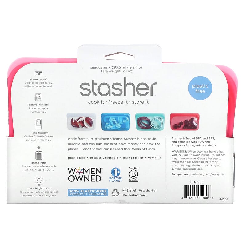 Stasher, Reusable Silicone Storage Bag, Snack Size, Raspberry, 9.9 fl oz (293.5 ml)