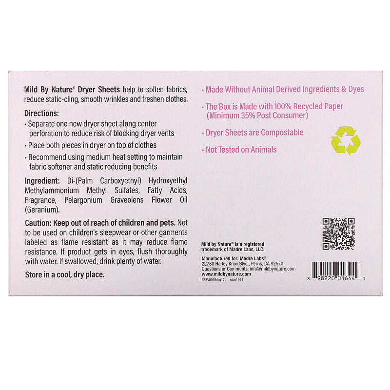 Mild By Nature, Dryer Sheets, Geranium, 120 Compostable Sheets