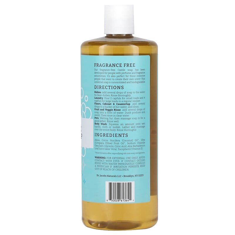 Dr. Jacobs Naturals, Plant-Based Pure Castile All-In-1 Soap, Fragrance Free, 32 oz (946 ml)