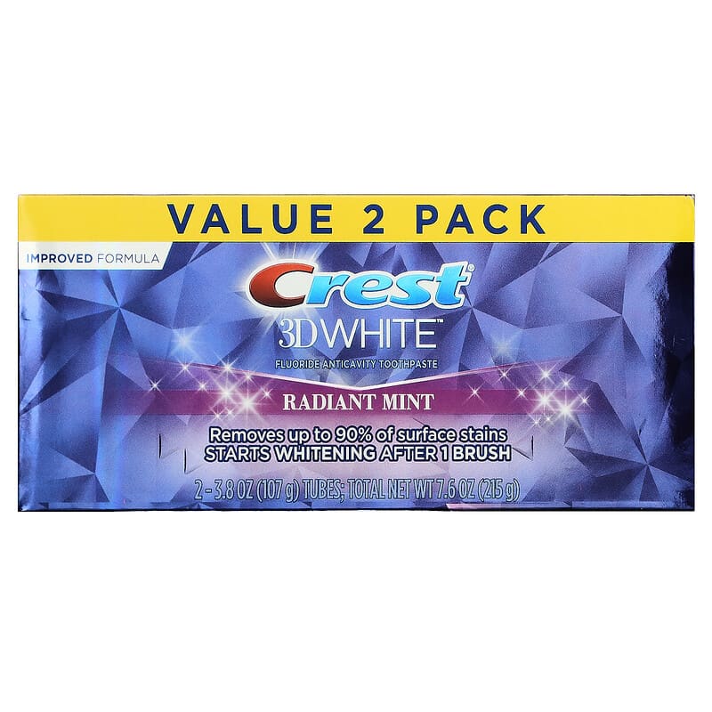 Crest, 3D White, Fluoride Anticavity Toothpaste, Radiant Mint, 2 Pack, 3.8 oz (107 g) Each