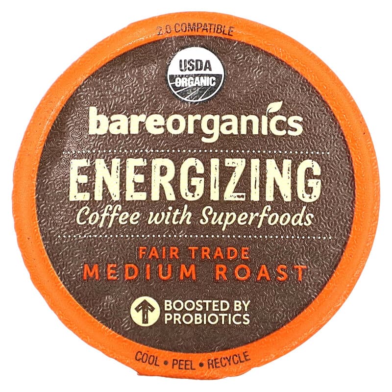 BareOrganics, Energizing, Coffee with Superfoods, Medium Roast, 10 Cups, 0.41 oz (11.5 g) Each