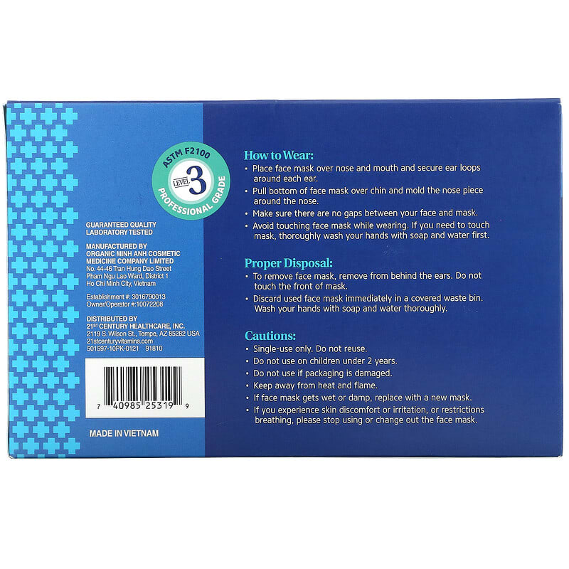 21st Century, Protective Face Mask, ASTM F2100, Single Use Disposable Masks, 50 Masks, 5-10 ct Packs