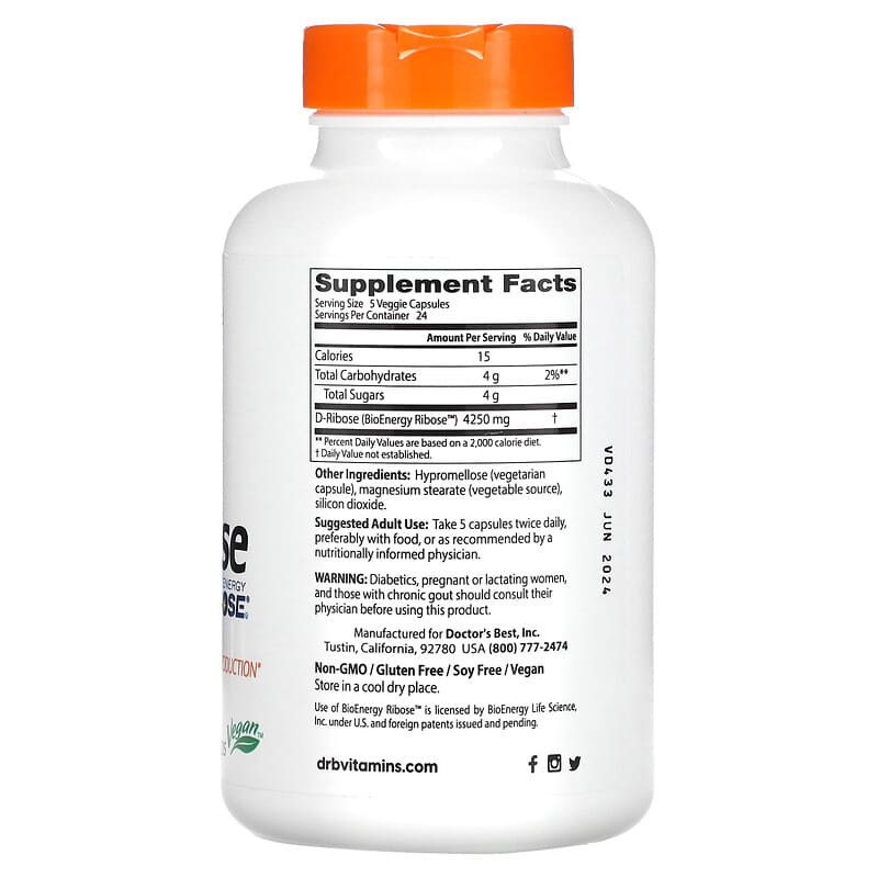 Doctor's Best, D-Ribose with BioEnergy Ribose, 170 mg, 120 Veggie Caps