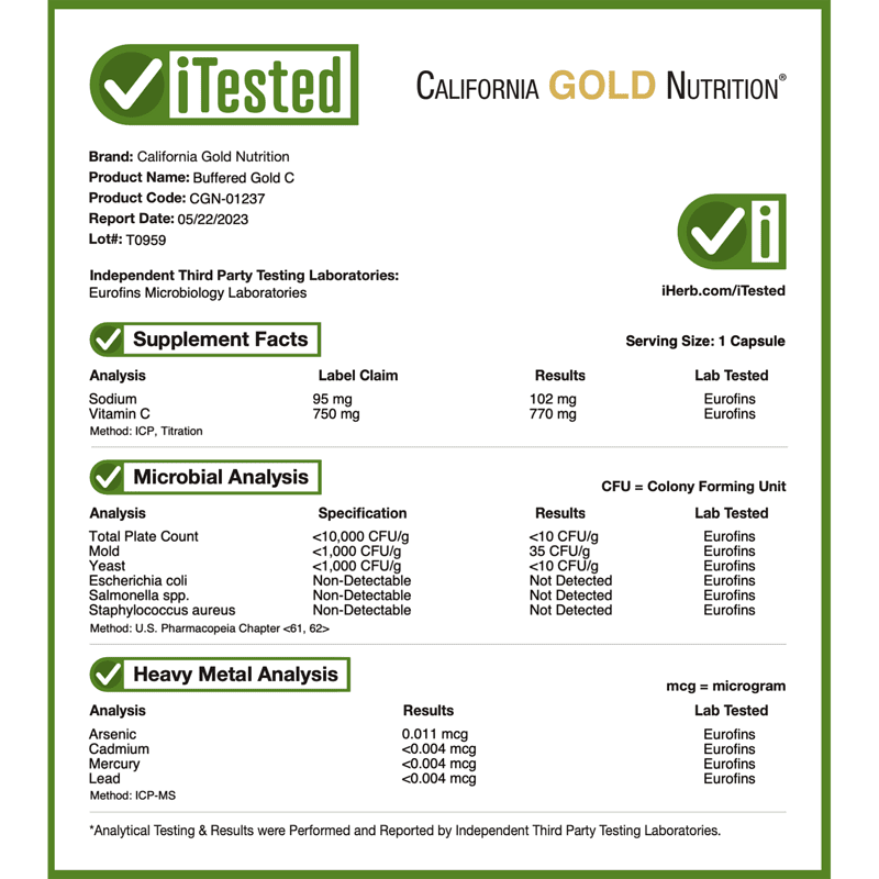 California Gold Nutrition, Buffered Gold C, GOLD Standard Sodium Ascorbate (Vitamin C), 750 mg, 240 Veggie Capsules