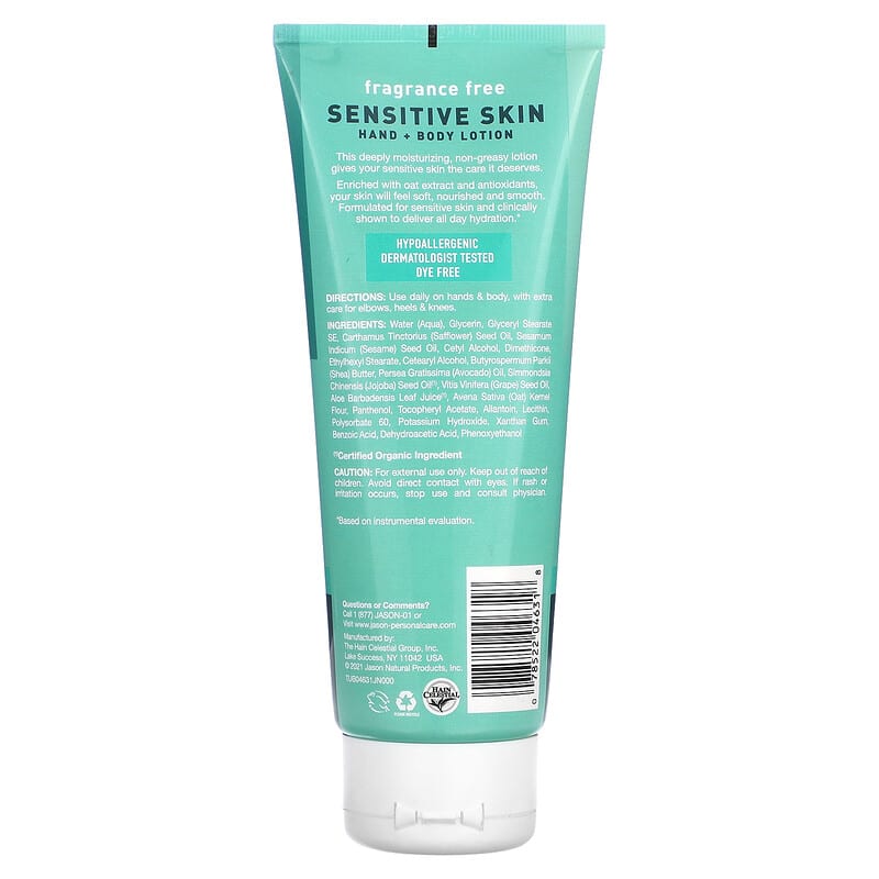 Jason Natural, Sensitive Skin Hand & Body Lotion, Fragrance Free, 8 oz (227 g)