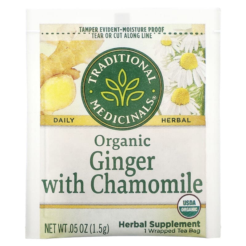 Traditional Medicinals, Herbal Teas, Organic Ginger with Chamomile, Caffeine Free, 16 Wrapped Tea Bags, 0.85 oz (24 g)