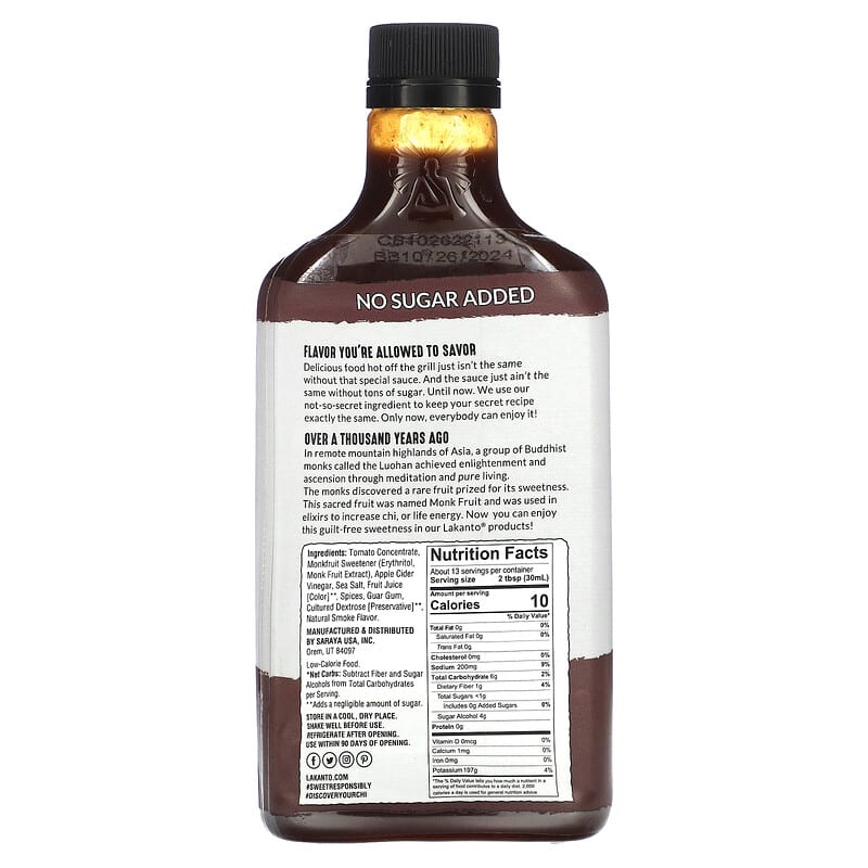 Lakanto, Monkfruit Sweetened BBQ Sauce, Original, 13 fl oz (384 ml)