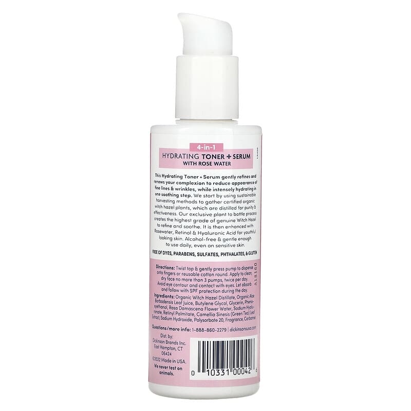 Dickinson Brands, Original Witch Hazel, 4-in-1 Hydrating Toner + Serum with Rose Water, Alcohol Free, 4 fl oz (118 ml)