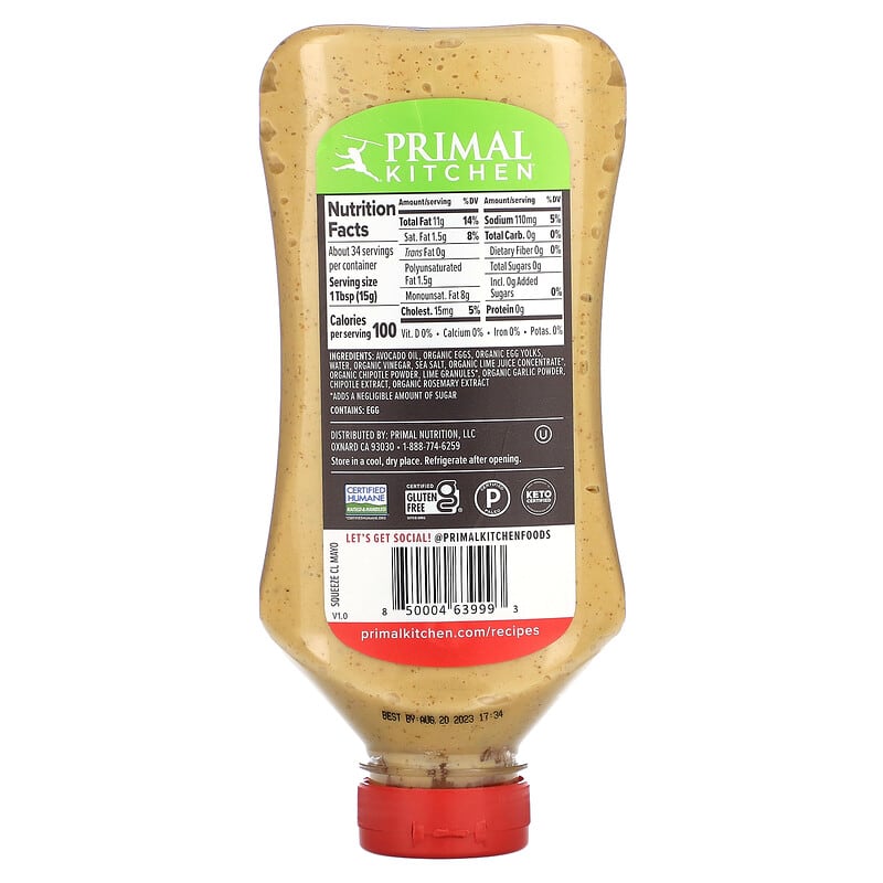 Primal Kitchen, Real Mayonnaise Made With Avocado Oil, Chipotle Lime, 17 fl oz (503 ml)