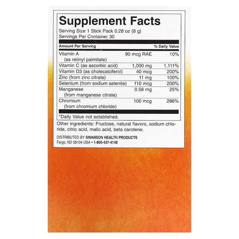 Swanson, Immunity Assist with C plus Vitamin D & Zinc, Natural Citrus, 30 Stick Packs, 0.28 oz (8 g) each