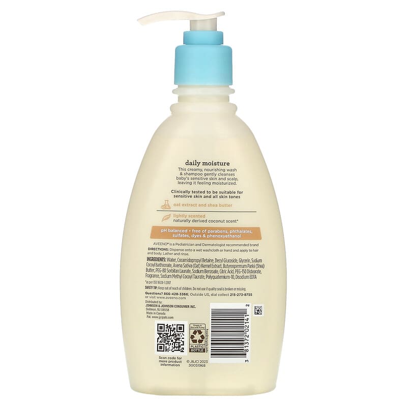 Aveeno, Baby, Daily Moisture Wash & Shampoo, With Shea Butter, Coconut, 12 fl oz (354 ml)