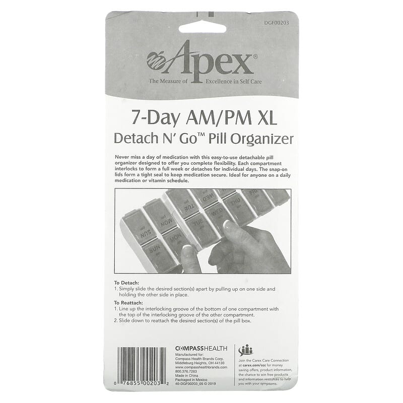 Apex, 7-Day AM/PM XL, Detach N' Go Pill Organizer, 1 Pill Organizer