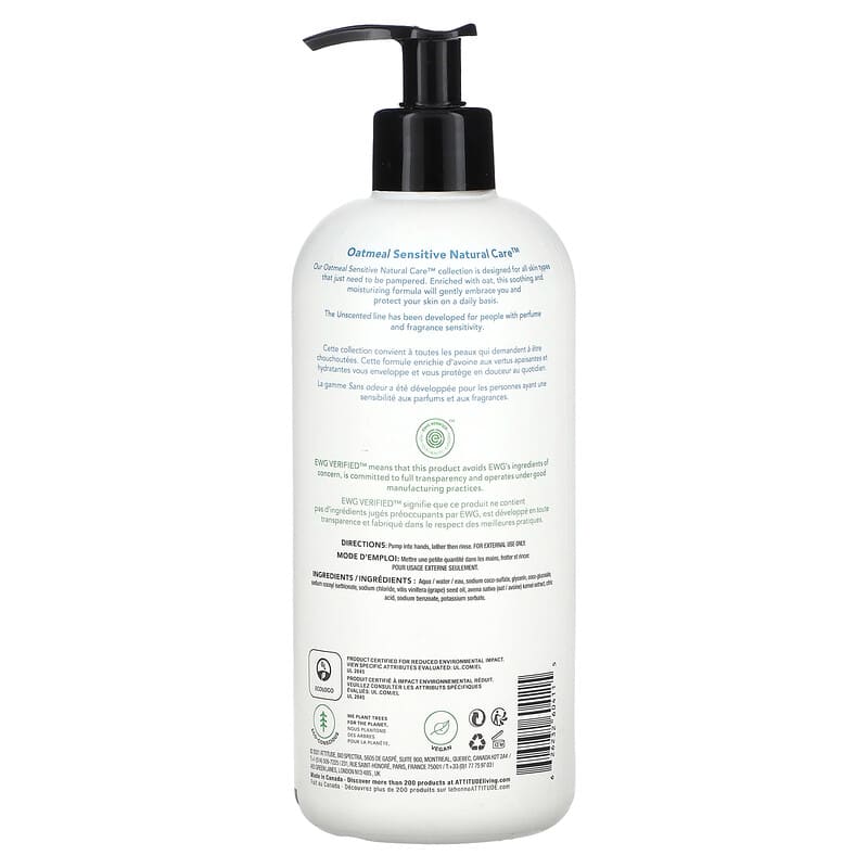 ATTITUDE, Oatmeal Sensitive Natural Care, Hand Soap, Unscented, 16 fl oz (473 ml)