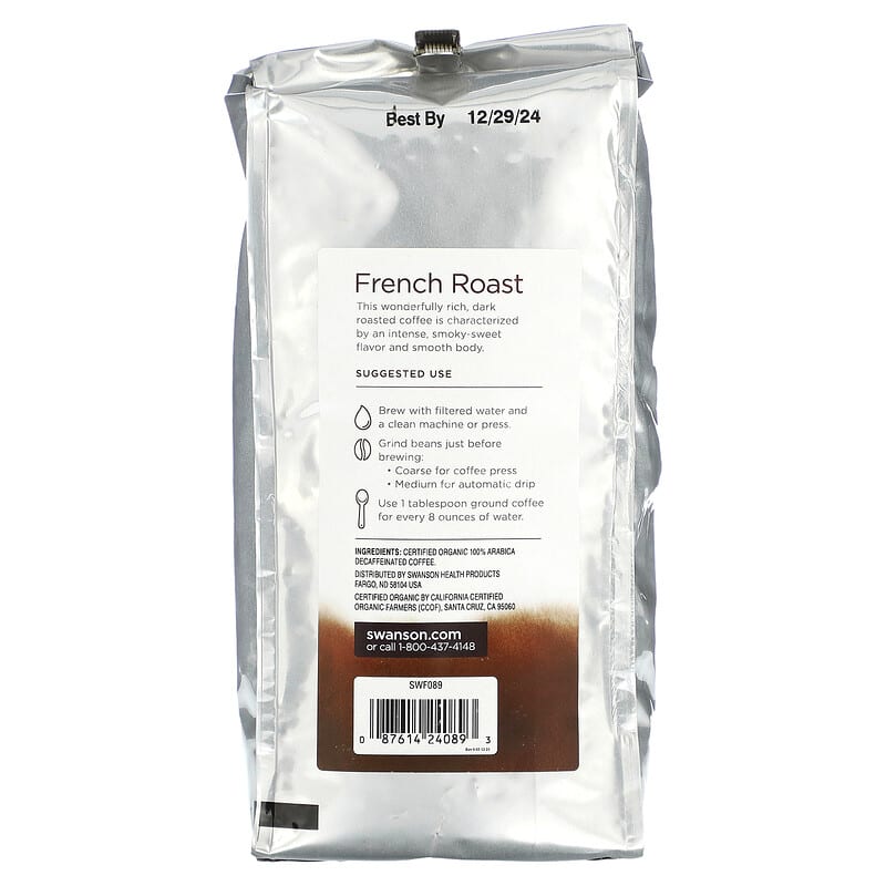 Swanson, Organic French Roast Coffee, Whole Bean, Dark Roast, Decaf, 1 lb (454 g)