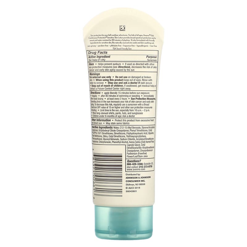 Aveeno, Kids, Continuous Protection Zinc Oxide Sunscreen, Sensitive Skin, SPF 50, 3 fl oz (88 ml)