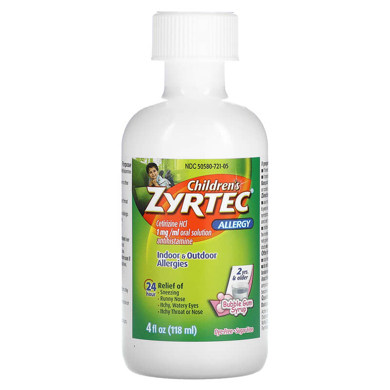 Zyrtec, Children's Allergy, Relief Syrup,  2+ Years, Bubble Gum, 4 fl oz (118 ml)