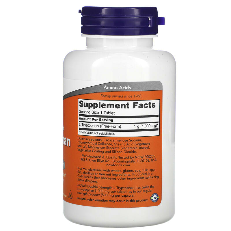 NOW Foods, L-Tryptophan, Double Strength, 1,000 mg, 60 Tablets