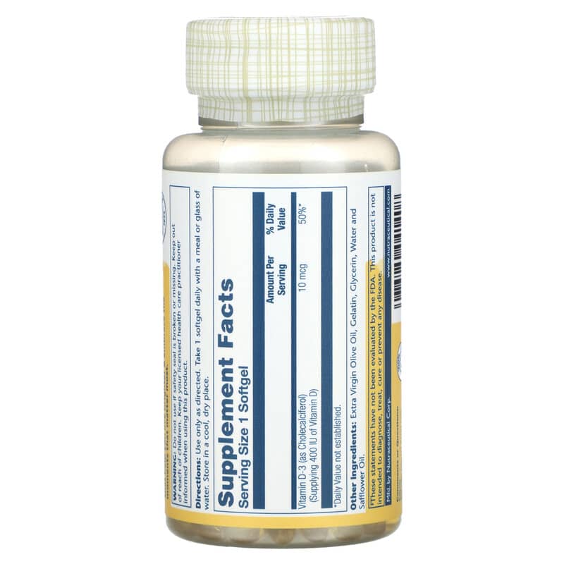 Solaray, Vitamin D-3, 10 mcg, 120 Softgels