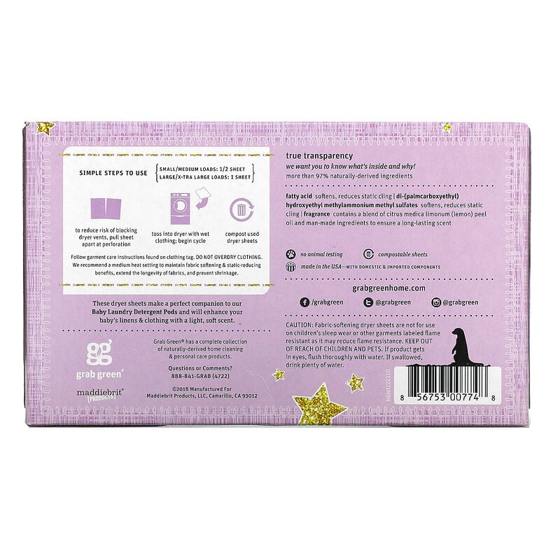 Grab Green, Dryer Sheets, Baby, 5+ Months, Dreamy Rosewood with Essential Oils, 80 Compostable Sheets