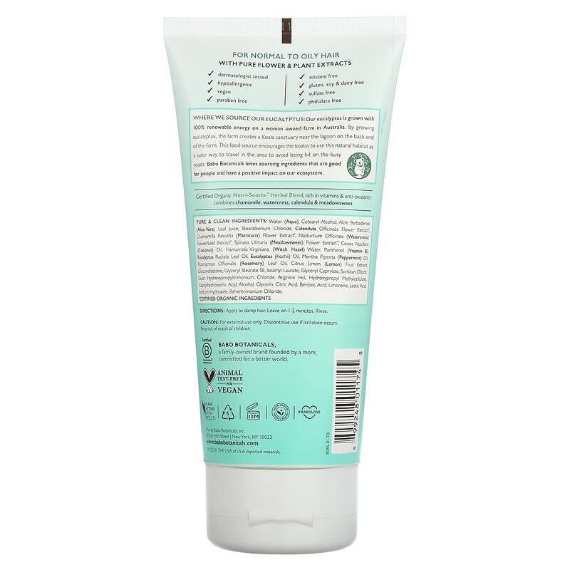 Babo Botanicals, Eucalyptus Remedy Plant Based Conditioner, Normal to Oily Hair, 6 fl oz (180 ml)