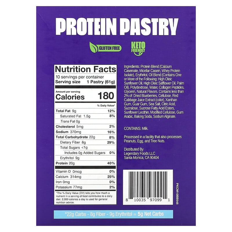 Legendary Foods, Protein Pastry, Blueberry, 10 Pack, 2.2 oz (61 g) Each