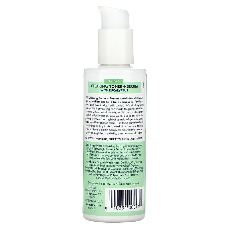 Dickinson Brands, Original Witch Hazel, 4-in-1 Clearing Toner + Serum with Eucalyptus, Alcohol Free, 4 fl oz (118 ml)