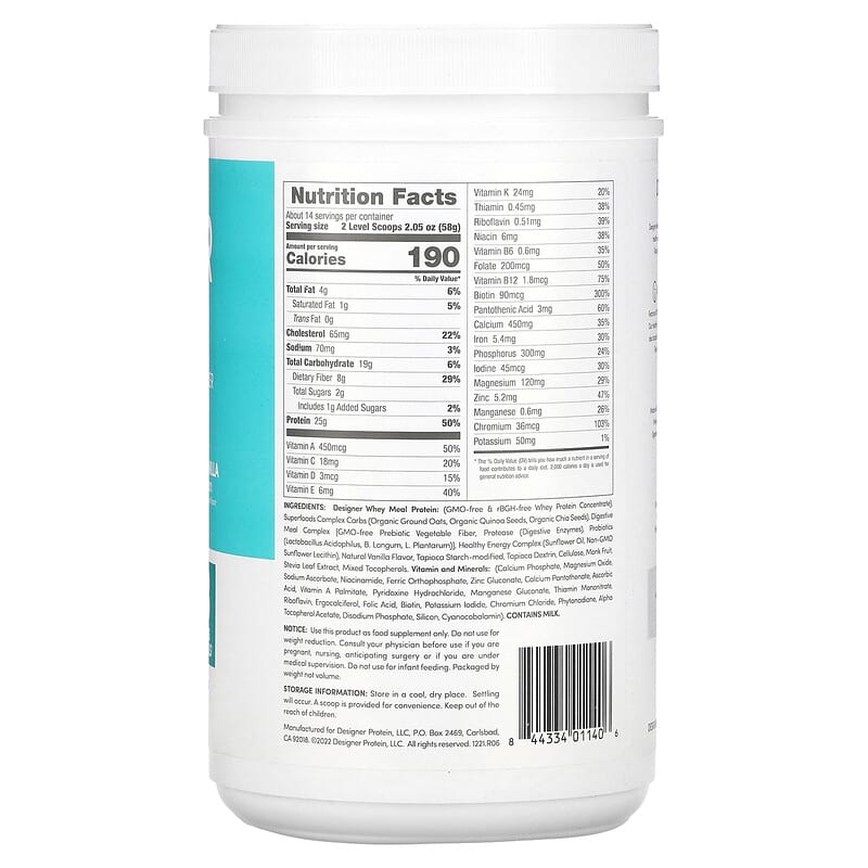 Designer Wellness, Designer Whey, Meal Replacement Protein Powder, Vanilla Bean, 1.72 lb (783 g)