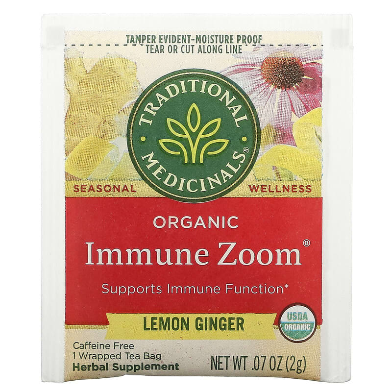 Traditional Medicinals, Organic Immune Zoom, Lemon Ginger, Caffeine Free, 16  Wrapped Tea Bags, 1.13 oz (32 g)