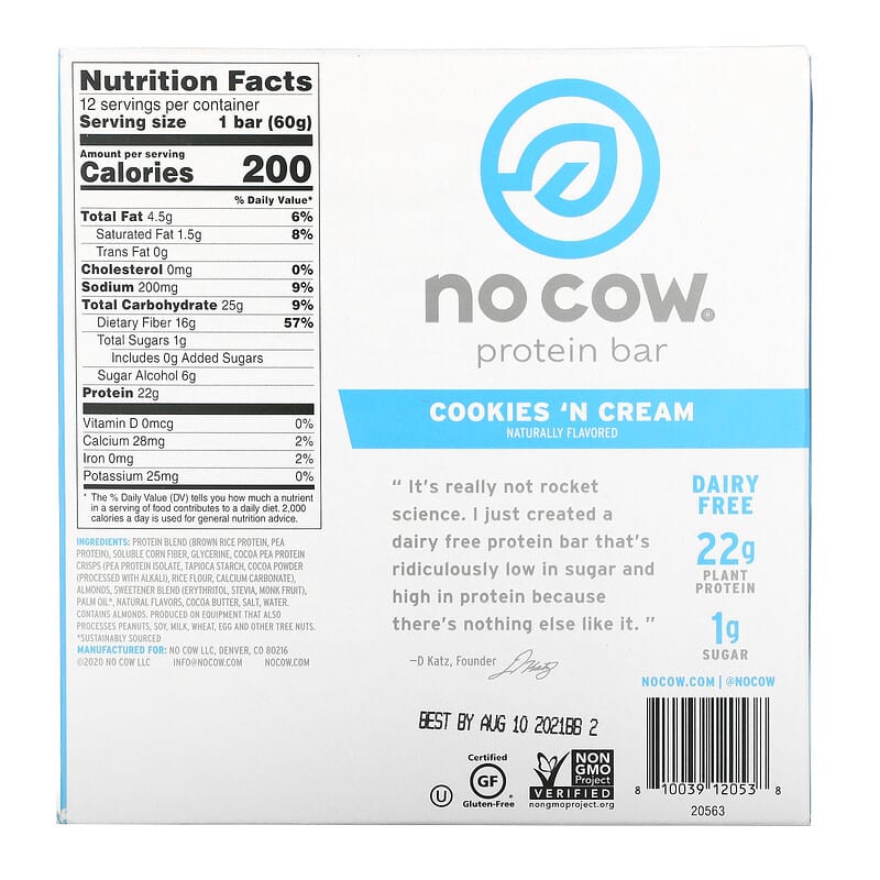 No Cow, Protein Bar, Cookies n Cream, 12 Bars, 2.12 oz (60 g)