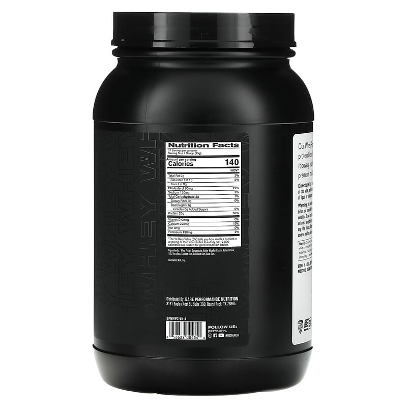 Bare Performance Nutrition, Whey Protein, Vanilla, 2 lbs, (945 g)