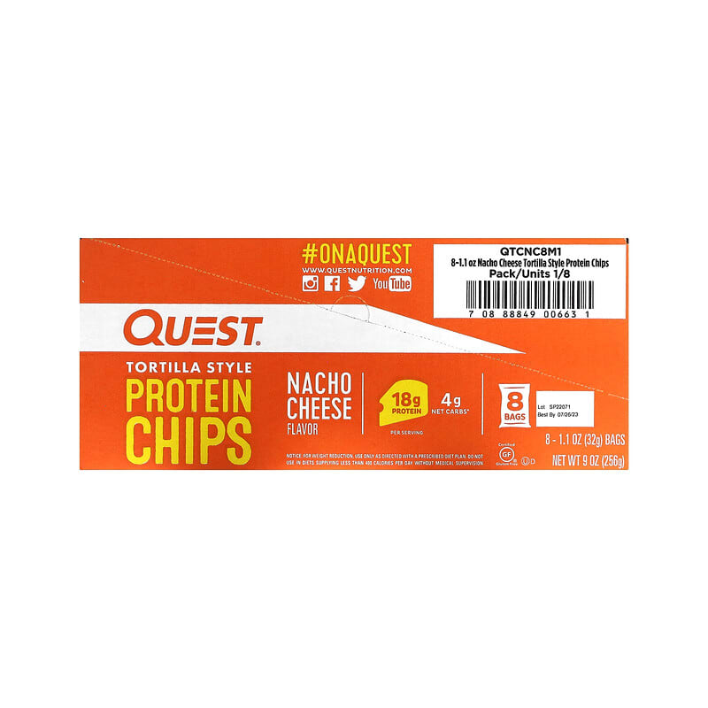 Quest Nutrition, Tortilla Style Protein Chips, Nacho Cheese, 8 Bags, 1.1 oz (32 g ) Each