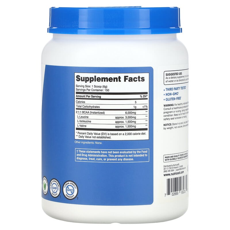 Nutricost, Performance, BCAA, Unflavored, 2 lbs (900 g)