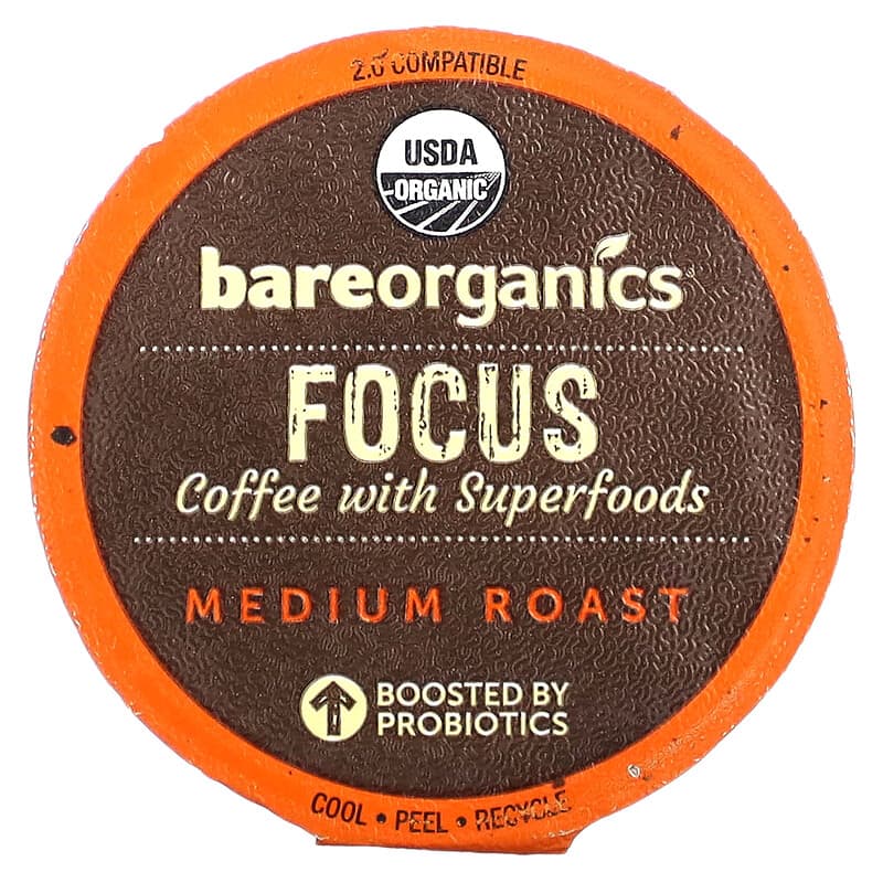 BareOrganics, Focus, Coffee with Superfoods, Medium Roast, 10 Cups, 0.38 oz (10.9 g) Each