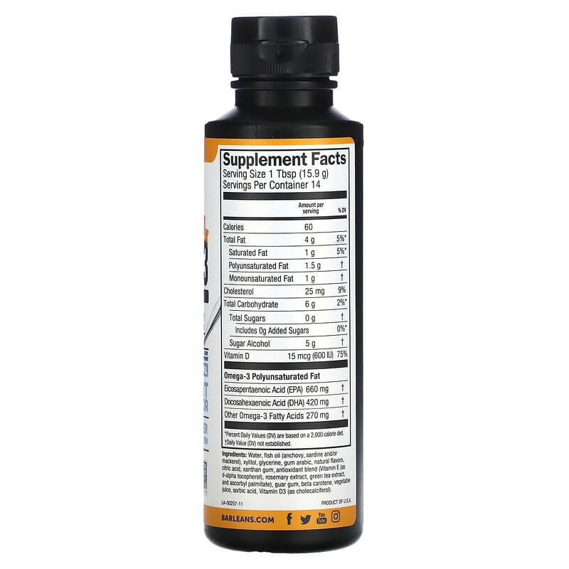 Barlean's, Seriously Delicious, Omega-3 from Fish Oil, Mango Peach Smoothie, 1,080 mg, 8 oz (227 g)