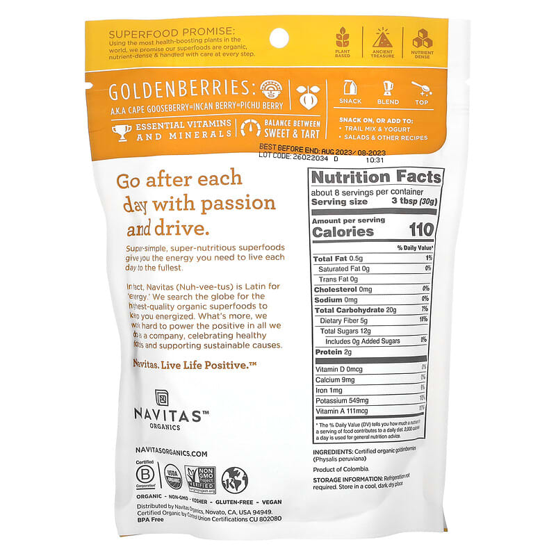 Navitas Organics, Organic Golden Berries, 8 oz (227 g)