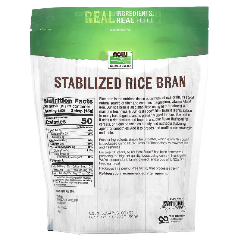 NOW Foods, Real Food, Stabilized Rice Bran, 20 oz (567 g)