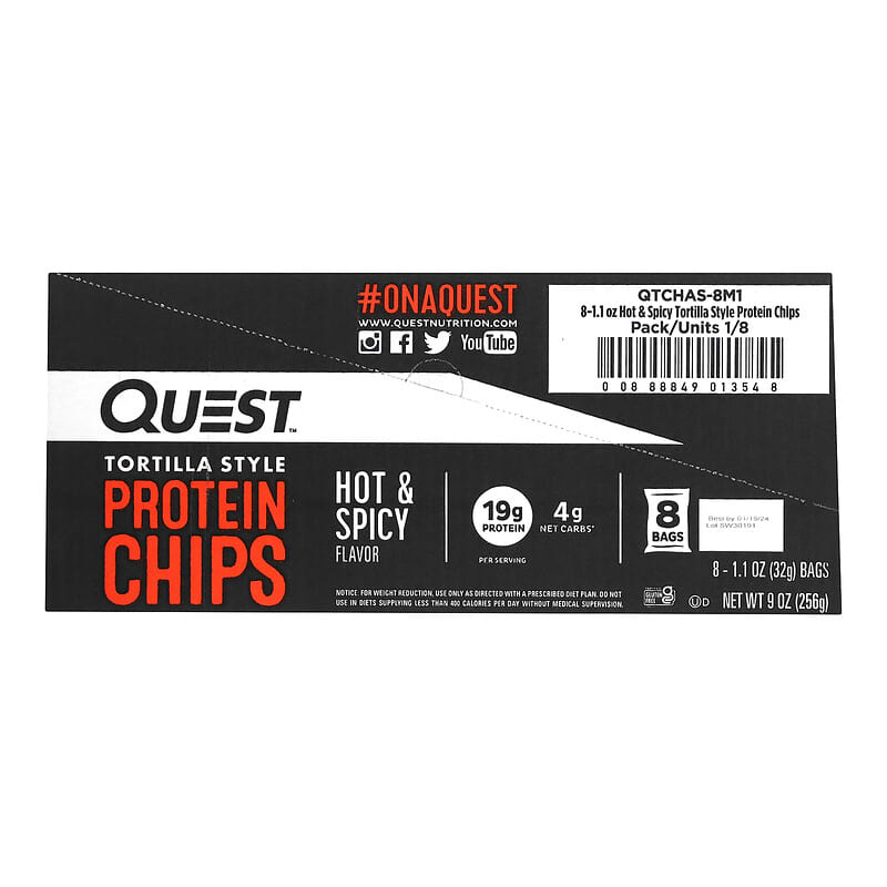 Quest Nutrition, Tortilla Style Protein Chips, Hot & Spicy, 8 Bags, 1.1 oz (32 g) Each