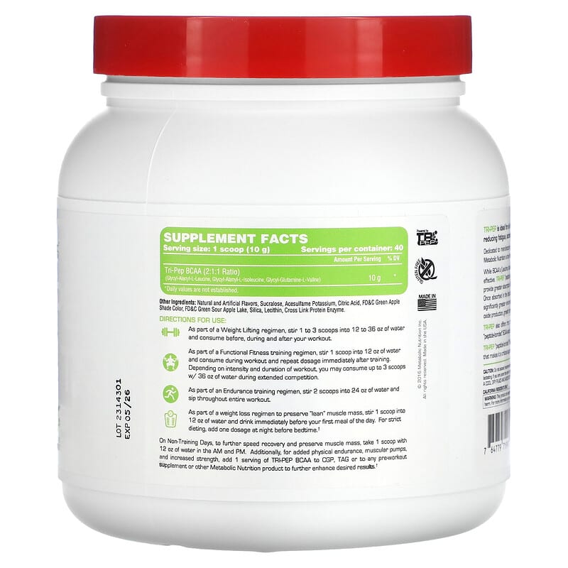 Metabolic Nutrition, Tri-Pep, Branch Chain Amino Acid, Green Apple, 14.1 oz (400 g)