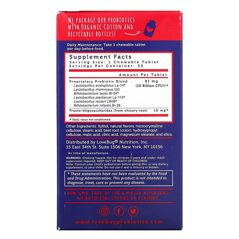 LoveBug Probiotics, Kids Probiotics,  Delicious Berry, 10 Billion CFU, 30 Chewable Tablets