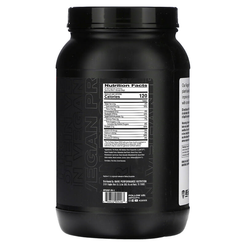 Bare Performance Nutrition, Vegan Protein, Plant Based Protein Powder, Vanilla, 1 lb (810 g)