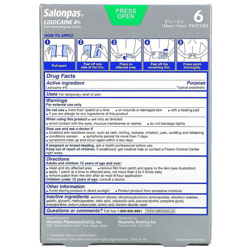 Salonpas, Lidocaine 4% Pain Relieving Gel-Patch, Maximum Strength, Unscented, 6 Patches